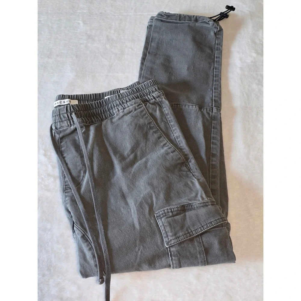 PacSun Slim Cargo Pants Mens Large Gray Elastic Waist Drawstring Bungee Hem